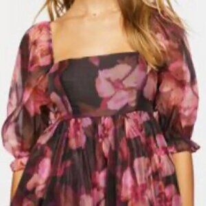 THIRTY THIRTY LA Plum Purple Pink Floral Shiny Square Neck 3/4 Sleeve Blouse S